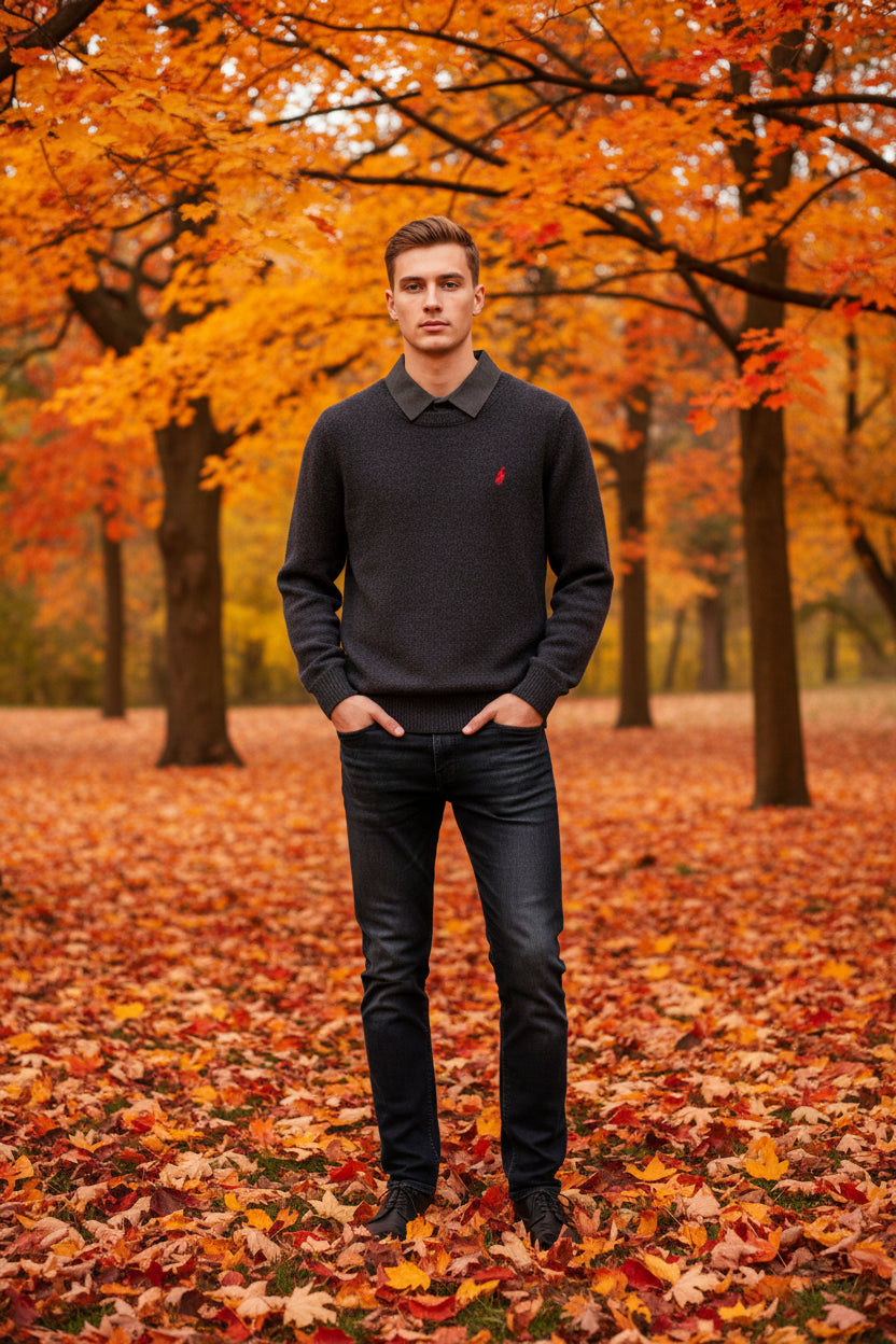 Dark gray sweater with a red logo on a hanger against a white wall.