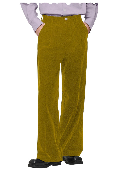 A person wearing high-waisted, wide-leg mustard yellow corduroy trousers, styled with a light lavender ruffled shirt and black leather shoes, 