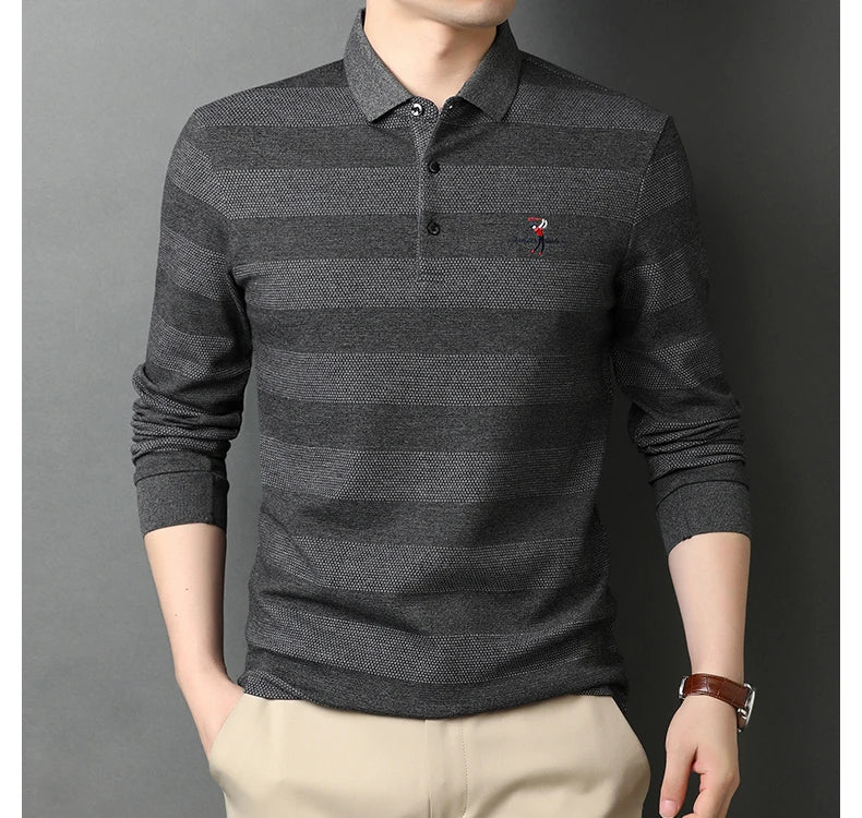 2025 High End New Fashion Brand Striped Designer Embroidery Casual Turn Down Collar Long Sleeve Polo Shirts Men Tops Men Clothes