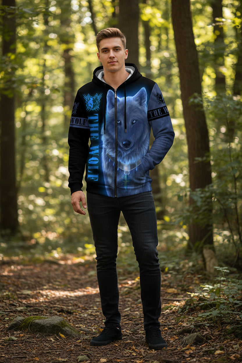 Hoodie with wolf design and 'The Wolf' text on a white background