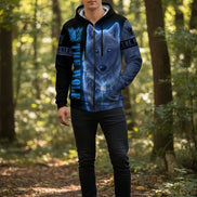Hoodie with wolf design and 'The Wolf' text on a white background