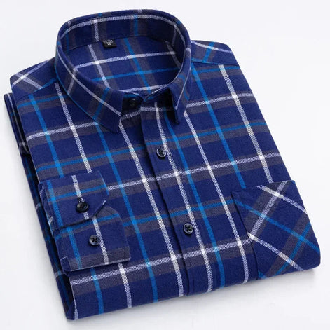 A folded long-sleeve plaid button-down shirt in navy blue with blue, gray, and white stripes, shown on a clean white background.