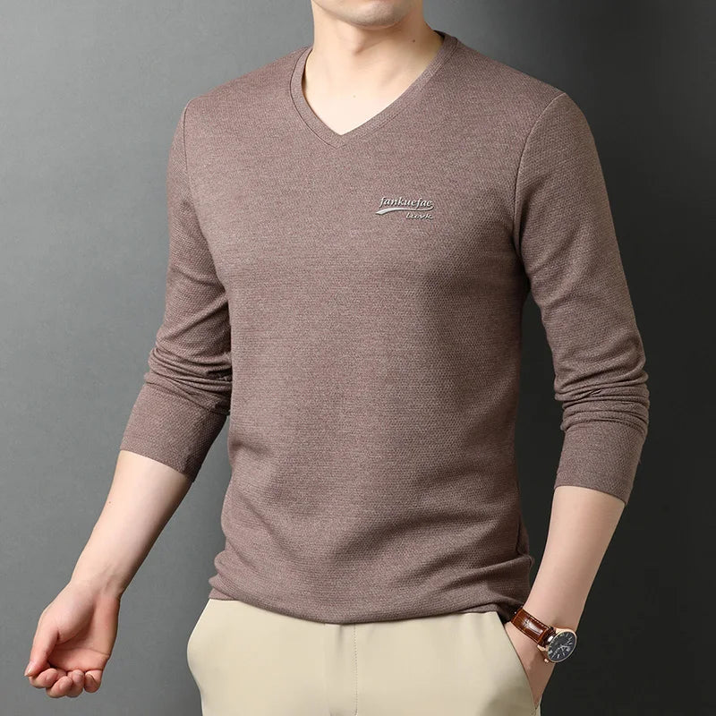 Top Quality New Fashion Brand Solid Color Plain V Neck Long Sleeve t Shirt Men Cotton Casual Men Clothes 2025