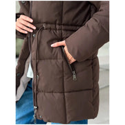 Brown Hooded Quilted Cotton Jacket Fashion Waist Cinch Drawstring Zip Pocket Warm Coat 2026 Women's Winter Casual Street Outfit