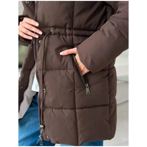 Brown Hooded Quilted Cotton Jacket Fashion Waist Cinch Drawstring Zip Pocket Warm Coat 2026 Women's Winter Casual Street Outfit