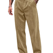 A pair of men's tan corduroy trousers with a black belt, modeled on a person against a white background.