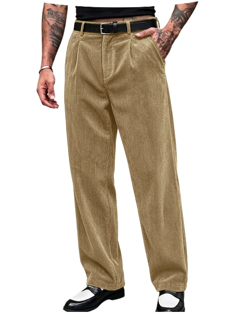 A pair of men's tan corduroy trousers with a black belt, modeled on a person against a white background.
