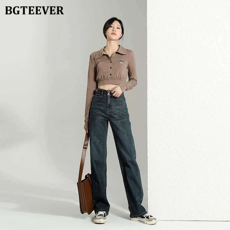 BGTEEVER Vintage Double Buttons Straight Jeans Pants Women Spring Autumn High Waist Loose Pockets Female Wide Leg Denim Trousers