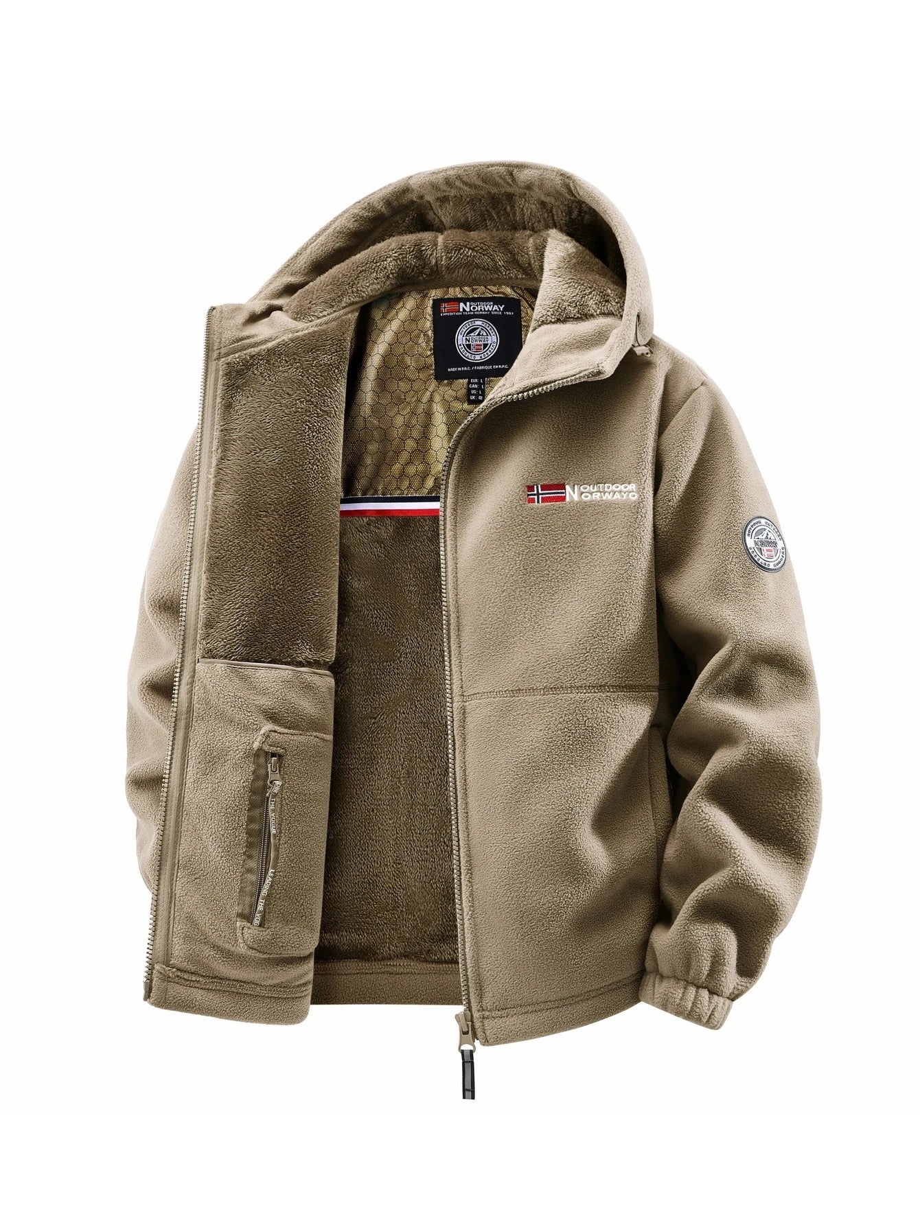 Beige fleece jacket with brand logo on a white background