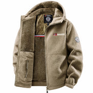 Beige fleece jacket with brand logo on a white background