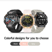Three smartwatches in black, pink, and gray with digital displays on a white background.