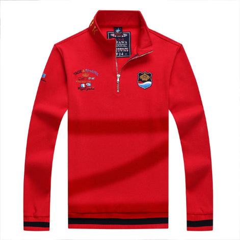 Red long-sleeve shirt with multiple logos on a white background