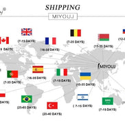World map with flags of various countries and corresponding shipping timeframes for MIYOUJ brand.