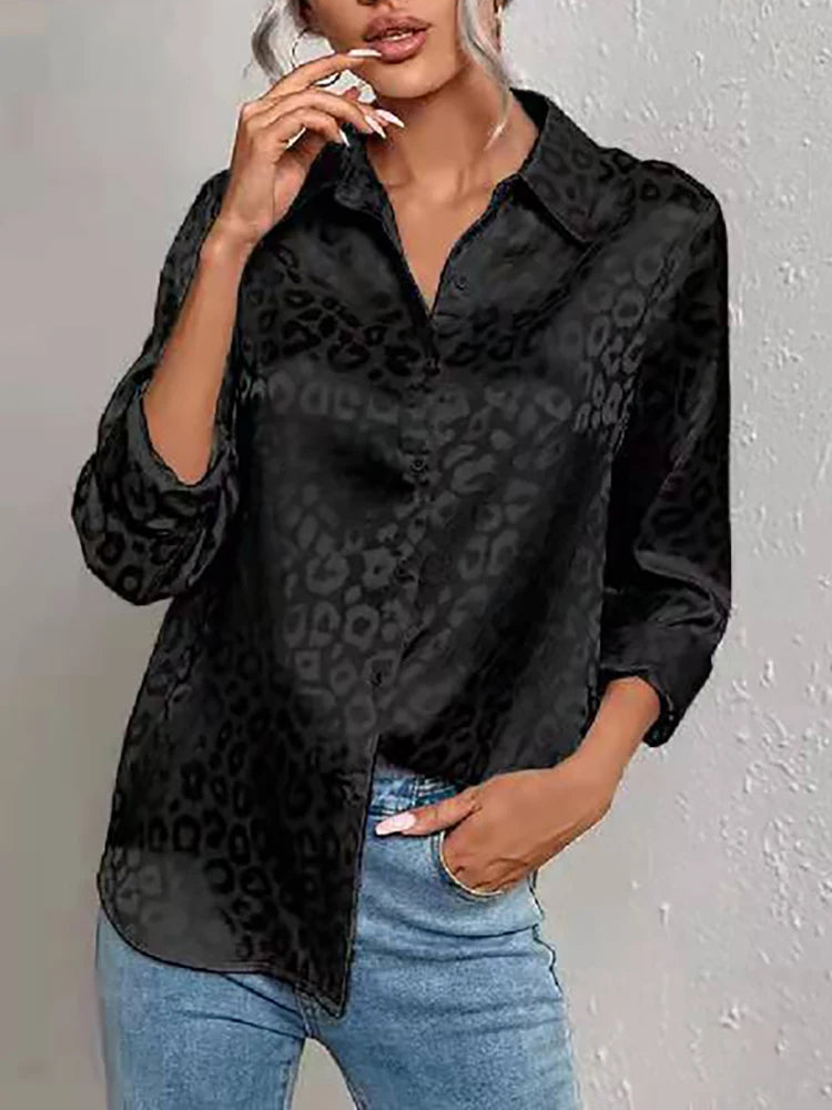 Women Leopard Print Luxury Blouse Spring Summer Long Sleeve Lapen Vintage Button Up Shirt Office Lady Satin Tunics Harajuku Top