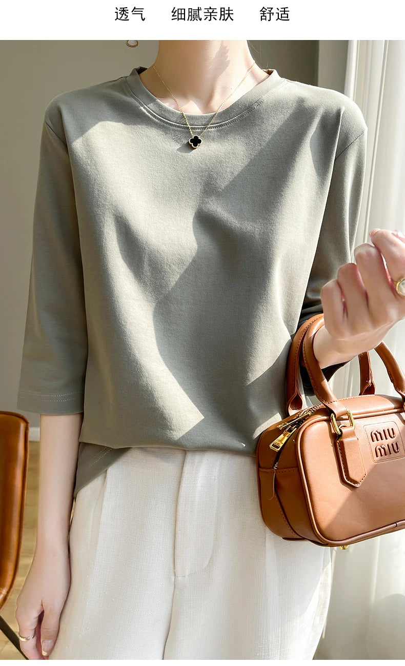 Summer Cotton Short-Sleeved T-Shirt Women's Round Neck Seven-Point Sleeves Loose Mercerized Cotton Half-Sleeve Shirt New T-shirt