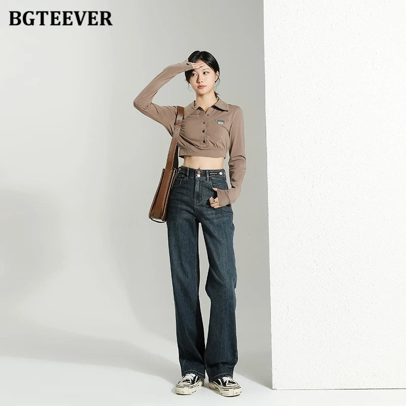 BGTEEVER Vintage Double Buttons Straight Jeans Pants Women Spring Autumn High Waist Loose Pockets Female Wide Leg Denim Trousers