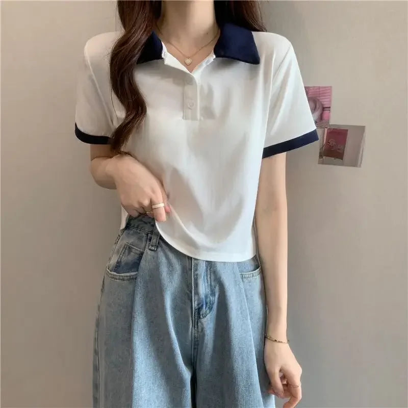 Plain Female Tee Slim Women's Polo Shirts T-shirts Short Sleeve T-shirt in Trend 2025 Youthful Clothes Korean Clothing Elegant