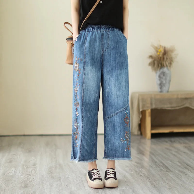 Spring Summer Ethnic Style Vintage Floral Embroidery Denim Wide Leg Pants Women High Elastic Waist Hole Casual Straight Jeans