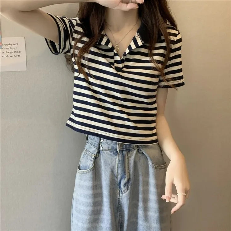 Chic V Neck Short Length Striped Short Sleeve Polo T Shirt For Women Summer 2026 New Niche Top