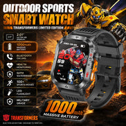 A Transformers-themed outdoor sports smart watch shown prominently on a dramatic fiery background with a car and robot artwork. 