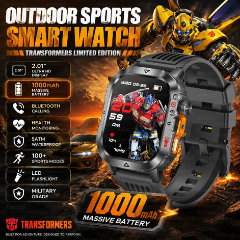 A Transformers-themed outdoor sports smart watch shown prominently on a dramatic fiery background with a car and robot artwork. 