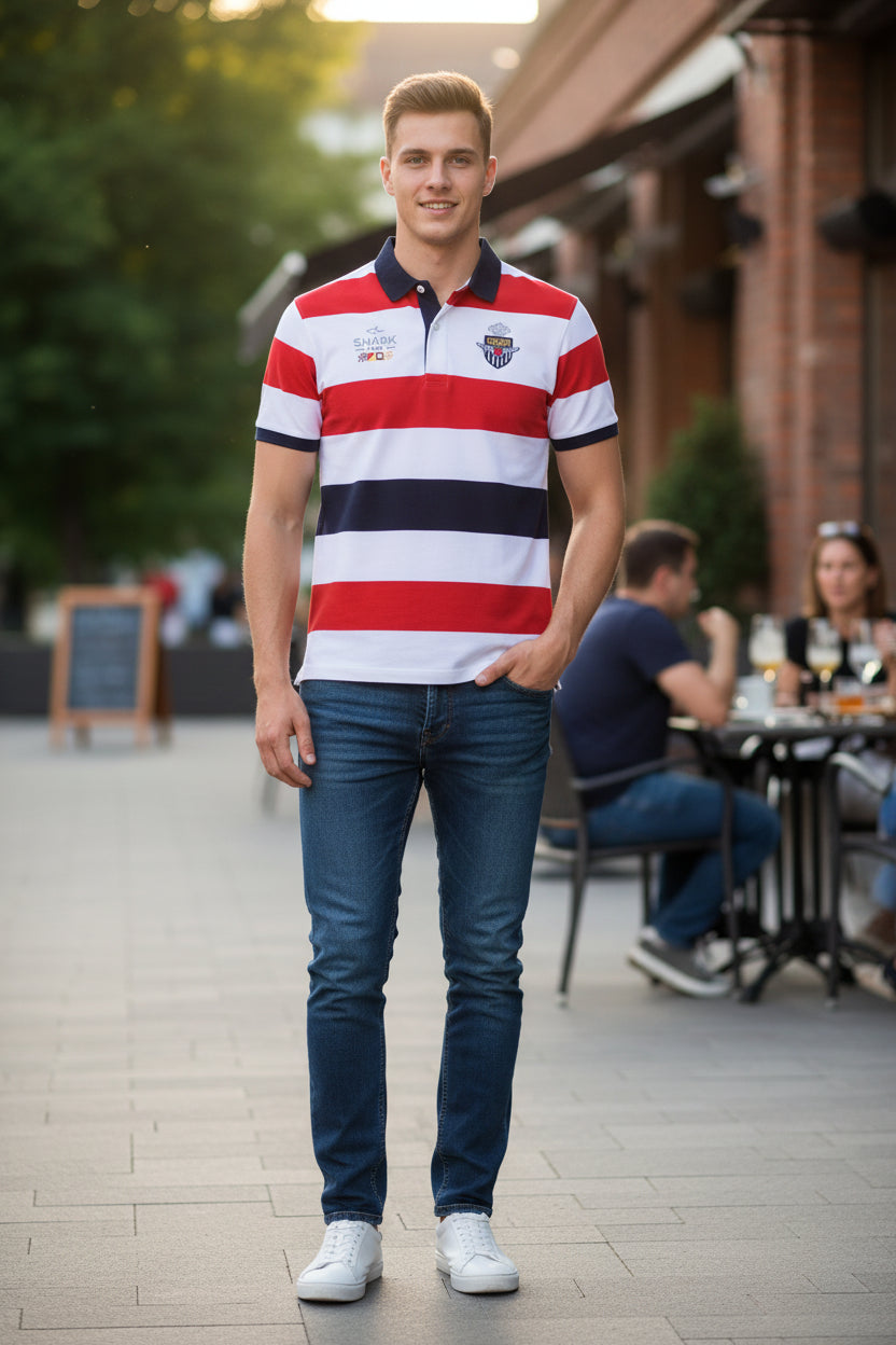 Red, white, and black striped polo shirt with brand logo on a white background