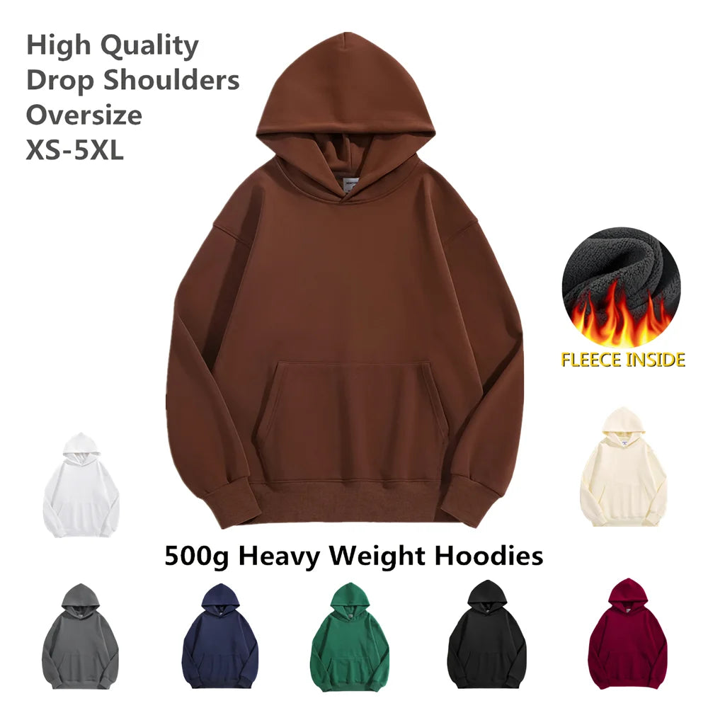 Brown hoodie with text about quality, size range, fleece inside, and color options.