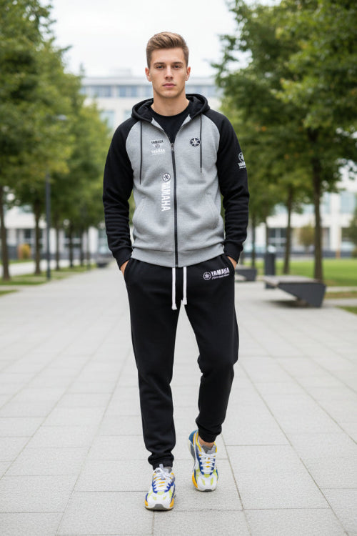 Yamaha branded tracksuit with hoodie and pants on a white background