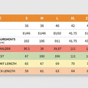 Size chart for clothing with measurements in US and EU standards.