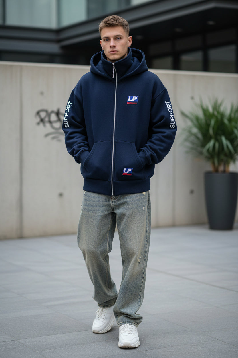 A navy blue zip-up hoodie with a high collar, featuring white 'SUPPORT' text printed on both sleeves and 'LP' logos on the chest and lower front pocket, displayed on a solid white background.