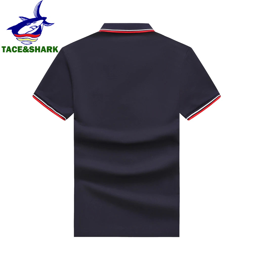 A dark navy blue short-sleeve polo shirt shown from the back, featuring a red and white striped collar and sleeve cuffs. The TACE&SHARK brand logo is visible in the top-left corner on a plain white background.