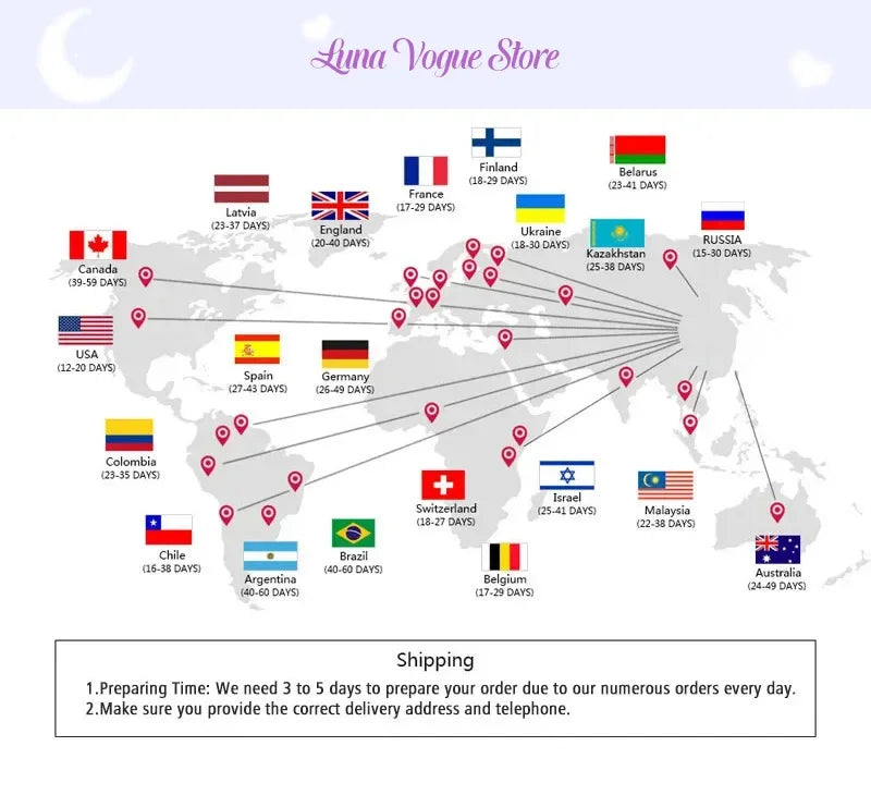 A shipping information graphic showing a world map with many country flags, red location pins, and lines pointing to global delivery options. 