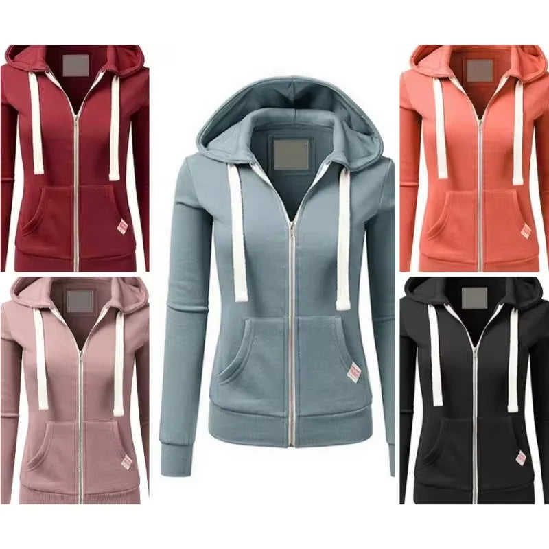 2025 Autumn/Winter New Women Solid Color Fashion Hoodie Long Sleeve Zipper Pocket with Label Outdoor Sports Jogging Clothing