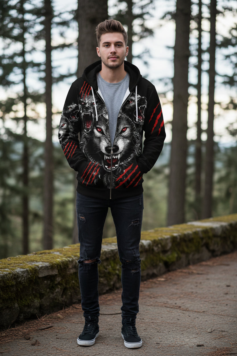 Black hoodie with wolf design and red accents on a white background
