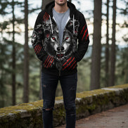 Black hoodie with wolf design and red accents on a white background