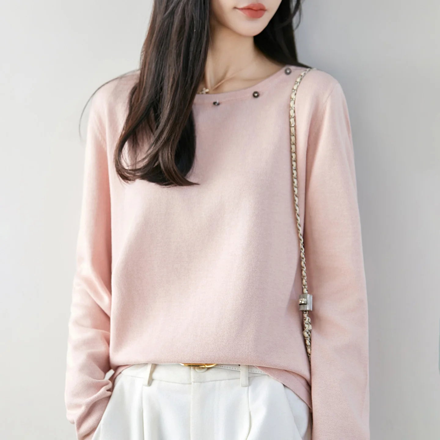 High end fashion 100% pure cotton women's sweater casual knitted round neck pullover autumn and winter solid color women's top