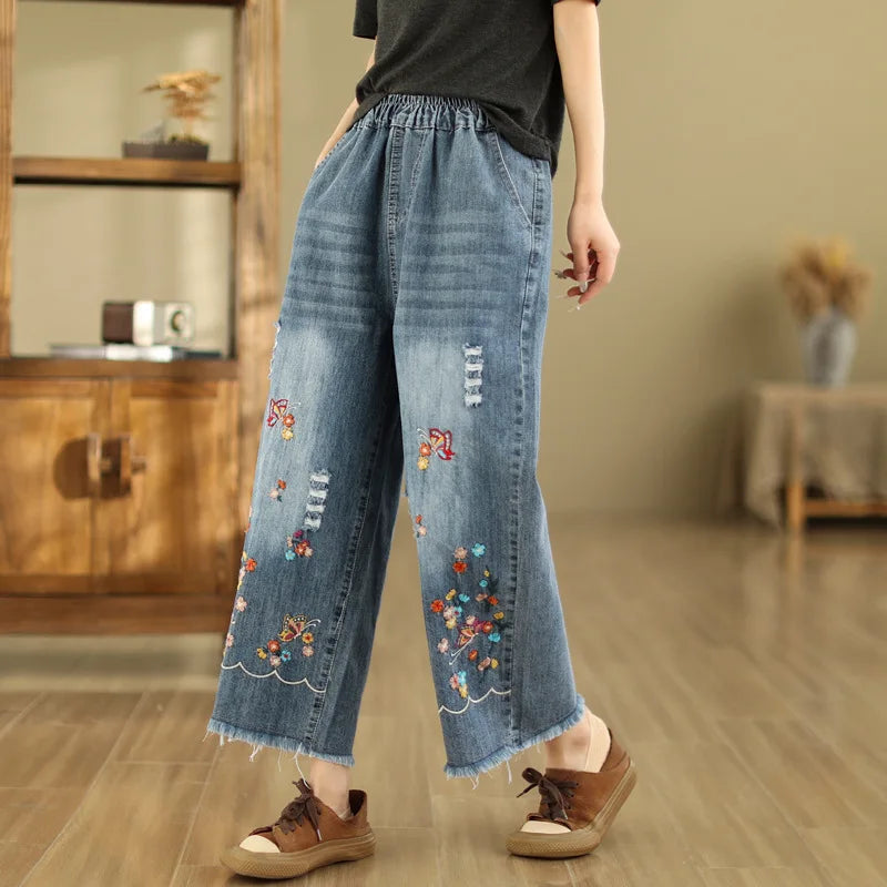 Spring Summer Ethnic Style Vintage Floral Embroidery Denim Wide Leg Pants Women High Elastic Waist Hole Casual Straight Jeans