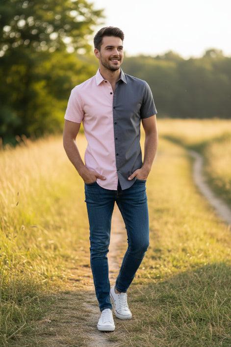Two-tone pink and gray shirt on a white background