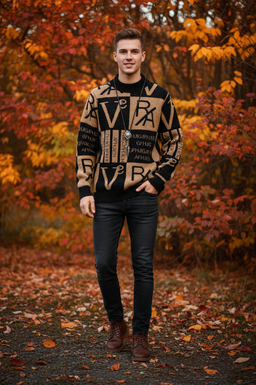 Black and beige sweater with text pattern on a grid background