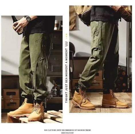 Two views of a model wearing olive green loose-fit cargo pants with curved seam detailing and gathered ankle cuffs, paired with tan lace-up boots.
