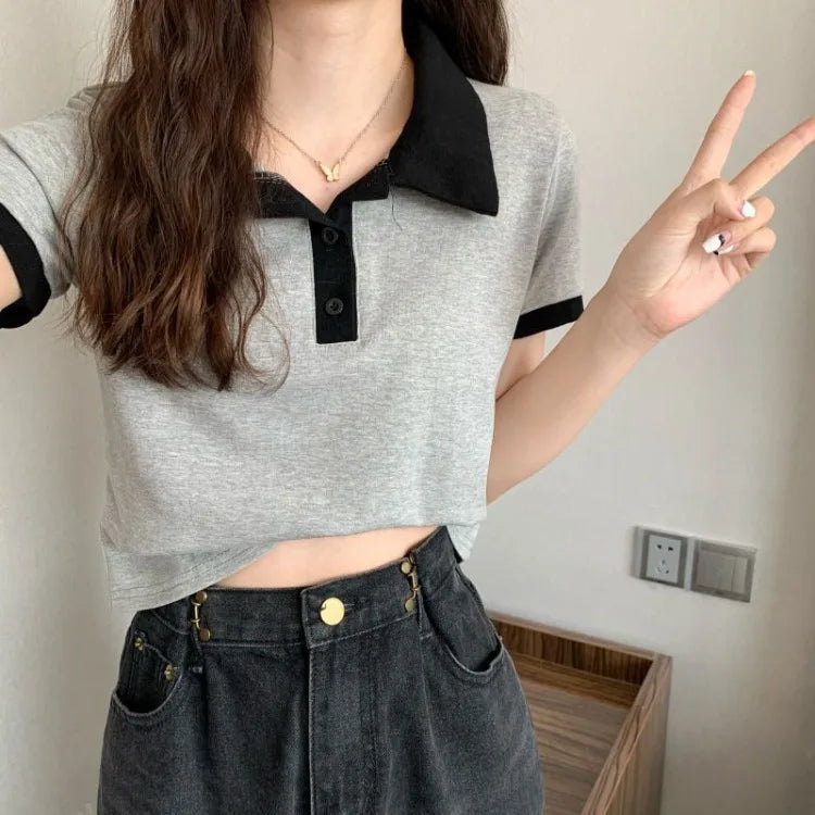 Summer 2026 Women New Arrival Slim Fit Versatile Polo Collar Color Block Short T Shirt Short Sleeve Unique Top Ins Trendy