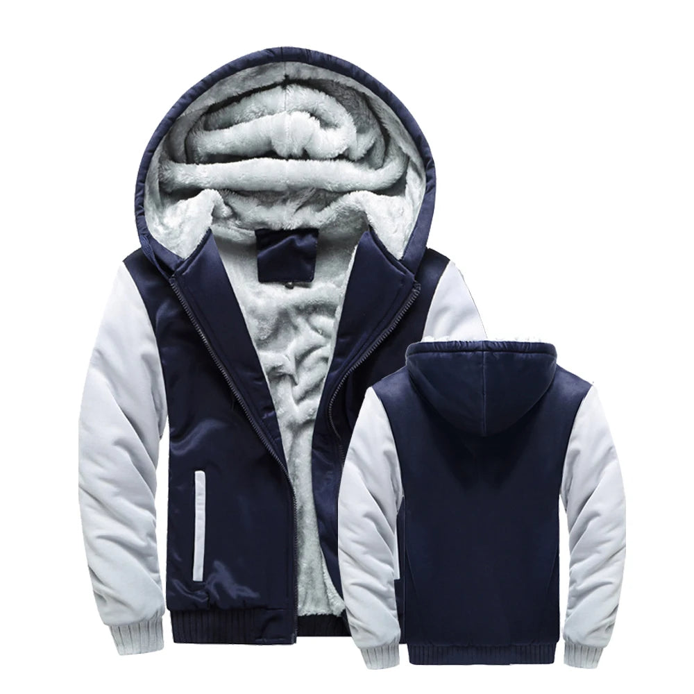 Navy and white hoodie with fleece lining on a white background