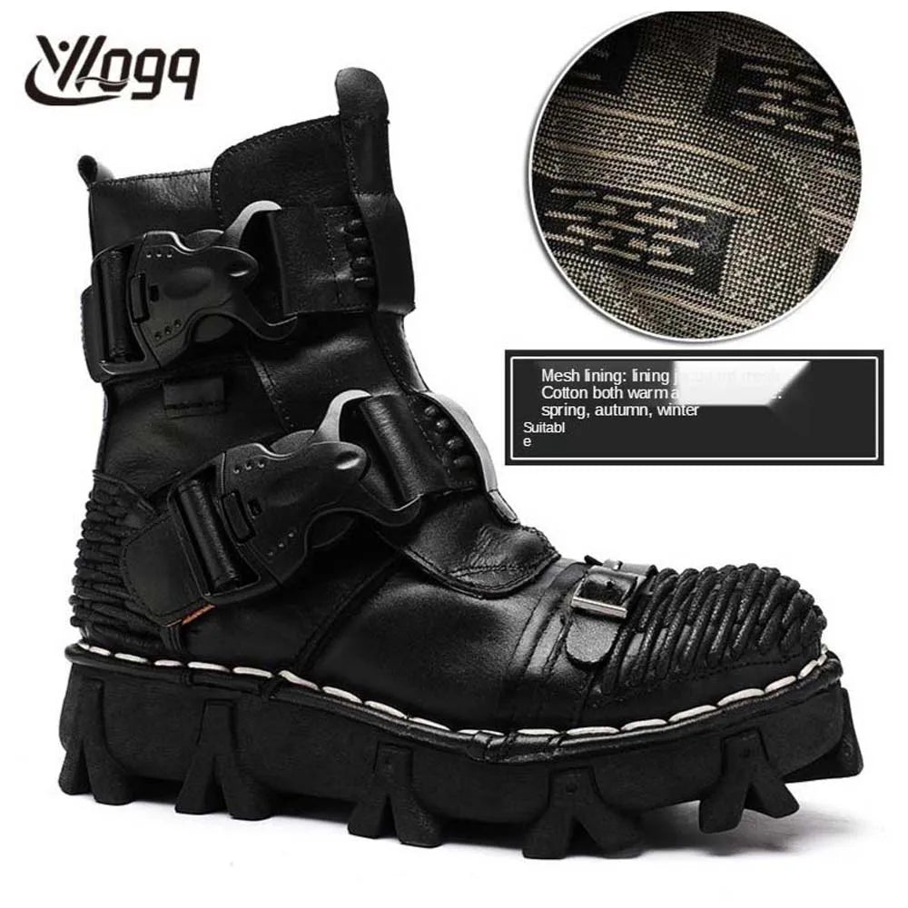 Men's Cowhide Genuine Leather Motorcycle Boots Combat Boots Gothic Skull Punk Desert Ankle Boots Botas50 Handmade