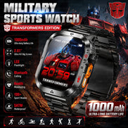 A smart sports watch with a black metal case and band, featuring a colorful display showing a red Transformers robot graphic. 