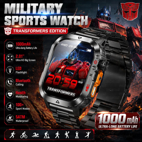 A smart sports watch with a black metal case and band, featuring a colorful display showing a red Transformers robot graphic. 