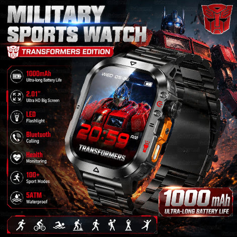 A smart sports watch with a black metal case and band, featuring a colorful display showing a red Transformers robot graphic. 