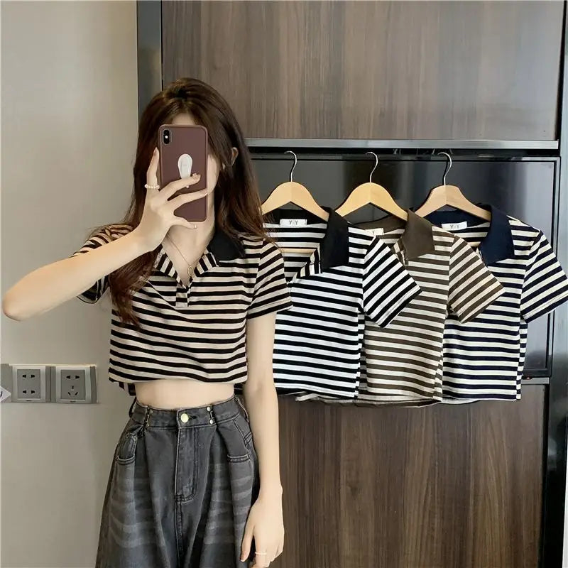 Chic V Neck Short Length Striped Short Sleeve Polo T Shirt For Women Summer 2026 New Niche Top