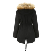 Black parka coat with fur hood on a white background