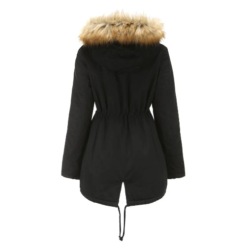 Black parka coat with fur hood on a white background