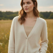A person wearing a fuzzy cream-colored V-neck cardigan over a ribbed beige top, standing in front of a large window with a city view.